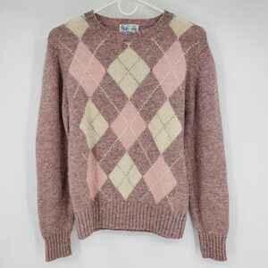 Vintage Cappagallo 100% Shetland Wool Argyle Sweater Pink Cream Grandma Preppy M